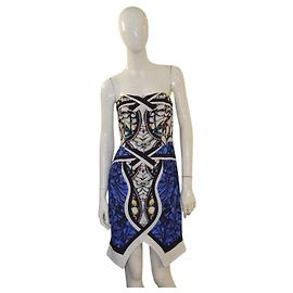 Vestido estampado sin tirantes Peter Pilotto UK 10 en mezcla de seda azul, dobladillo asimétrico, hecho en Inglaterra