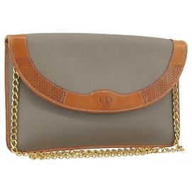 Borsa a spalla con catena Christian Dior in tela rivestita grigia oro Auth 172247