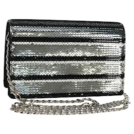 PRADA Borsa a Spalla con Catena e Paillettes in Pelle Nera Argento Auth 165358