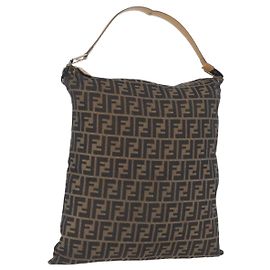 Borsa a Spalla in Tela Zucca FENDI Nera Marrone Auth 170743
