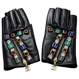 GUANTI IN PELLE NERA CHANEL 11A PARIS BYZANCE CON PIETRE PREZIOSE TAGLIA 7 RARI - Chanel