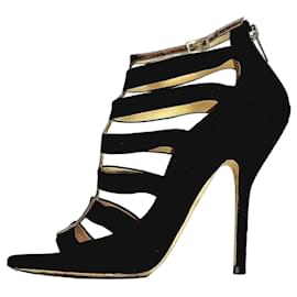 Jimmy Choo black suede heeled ankle boots with straps and gold details