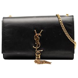 Saint Laurent Borsa a tracolla Kate con frange in pelle di vitello liscia nera media con monogramma classico