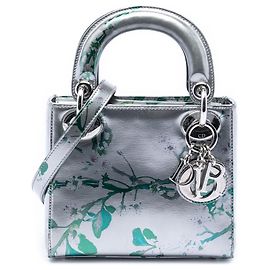 Dior Mini Metálico Plateado en Cordero Impreso Floral Lady Dior