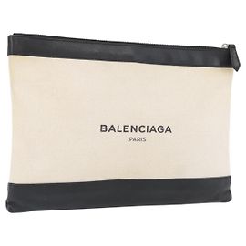 BALENCIAGA Navy clip M Clutch Bag Canvas Leather Beige Black 373834 Auth fm5111