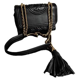 Tory Burch Bolsa de ombro de couro preto matelassê com corrente dourada