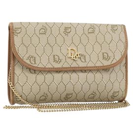Borsa a spalla in tela a nido d'ape Christian Dior con catena PVC beige oro Auth am10688