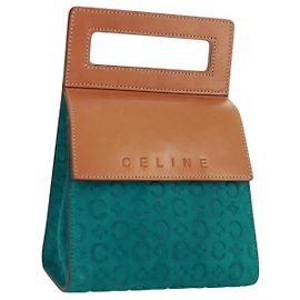 Céline CELINE C Macadam Canvas Hand Bag Suede Turquoise Blue Silver Auth 170908V