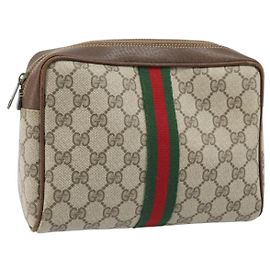 GUCCI GG Supreme Borsa Clutch Sherry Line PVC Beige Oro Rosso Auth ep13569