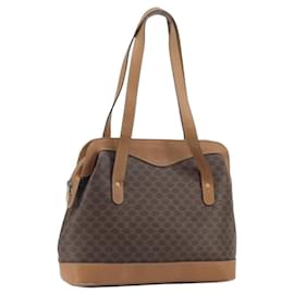 Céline Borsa a mano in tela Macadam CELINE in pelle PVC marrone e oro Auth 172241