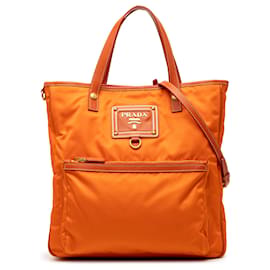 Borsa Prada in tessuto con rifiniture saffiano arancione e logo oro