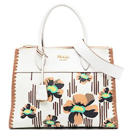 Prada Paradigme Satchel aus Madras mit floralem Druck, weißem Kalbslederbesatz und Whipstitch-Nähten.