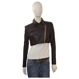Chaqueta de algodón encerado corta Roland Mouret marrón moto zip UK10 US6 FR38 IT42