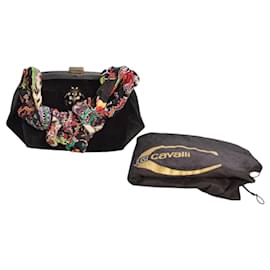 Just Cavalli Schwarze Samt-Clutch Tasche mit Kristall-Marienkäfer-Rahmen Tasche Italien Schalgriff