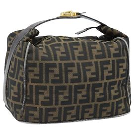 FENDI Borsa Vanity in Tela Zucca Nera Marrone Oro Auth ep13520