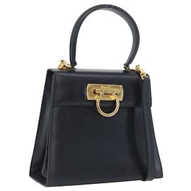 Borsa a mano in pelle Gancini Salvatore Ferragamo 2 in 1 Blu Navy Oro Auth fm5153