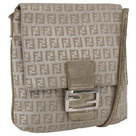FENDI Zucchino Canvas Mamma Baguette Shoulder Bag Silver Auth 172589