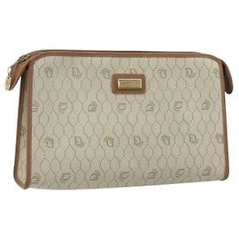 Clutch em lona de favo de mel Christian Dior PVC bege ouro Auth 172084