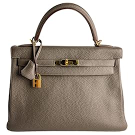 Kelly 32 Taurillon Clemence Leder Retourne Handtasche Etain - Hermès