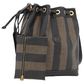 Borsa a Spalla in Tela Pecan FENDI PVC Nero Marrone Auth 170718