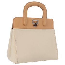 CARTIER Borsa a Mano Pelle Beige Argento Auth bs33554