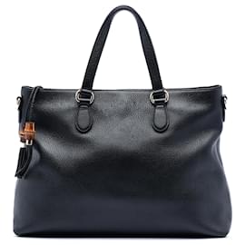 Borsa a tracolla in pelle nera Gucci con nappina in bambù