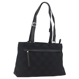 Bolsa Tote Gancini em lona e couro preto prateado Salvatore Ferragamo Auth BA11046