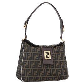 Borsa a Spalla in Tela Zucca FENDI Marrone Nero Auth 173418