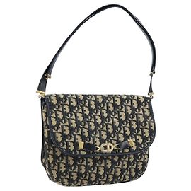 Borsa a Spalla in Tela Trotter Christian Dior Blu Navy Oro Auth gh1790