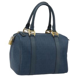 FENDI Zucchino Canvas Boston Tasche Navy Gold Auth gh1746