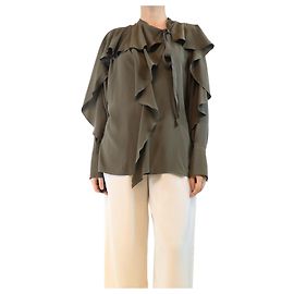 Victoria Beckham Blusa de seda caqui com babados - tamanho UK 10