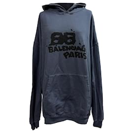 Balenciaga Logo-Print Oversized Distressed Hoodie in Navy Blue Cotton