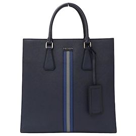 Borsa tote in pelle Saffiano blu navy da uomo Prada