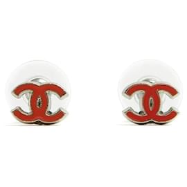 Chanel 2005 Orecchini Micro in Metallo Argento CC con Smalto Rosso