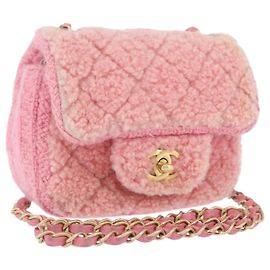 CHANEL Mini Matelassé 15 Borsa a Spalla con Catena Lana Rosa Oro CC Auth 173407SAM