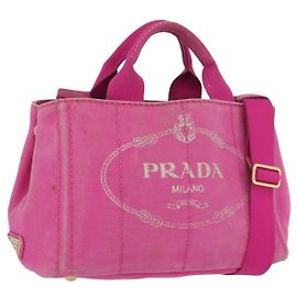 PRADA Bolso Canapa PM de Lona 2way Rosa Dorado Auth LNZ478