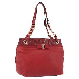 Bolsa Tote Vala em couro vermelho e dourado Auth LNZ476 da Salvatore Ferragamo