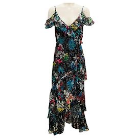 Vestido maxi de chiffon de seda negro con estampado floral multicolor de hombros descubiertos de Peter Pilotto
