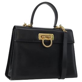 Borsa a mano in pelle Gancini Salvatore Ferragamo 2 in 1 Nero Oro Auth ARZ228