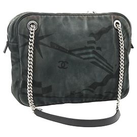 CHANEL Ketten-Schultertasche Canvas Schwarz Silber CC Auth bs33649