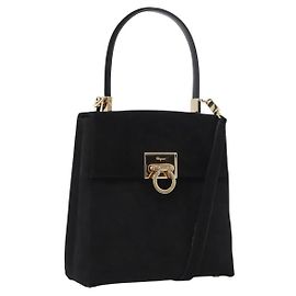 Borsa a mano Gancini in suede Salvatore Ferragamo 2 in 1 Nero Oro Auth 173432