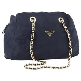 Borsa a Spalla con Catena Prada in Nylon Blu Navy e Oro Auth bs33521