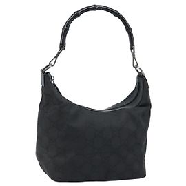 Borsa a spalla in tela GG Gucci con bambù, nylon nero argento 000 0531 Auth 172773