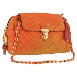 PRADA Borsa a Spalla Trapuntata con Catena Nylon Arancione Oro Auth BA11028