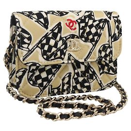 CHANEL Chain Mini Matelasse 12 Shoulder Bag Satin Beige Gold CC Auth LNZ407M