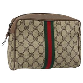 GUCCI GG Supreme Web Sherry Line Clutch Bag PVC Beige Gold 89 01 012 Auth LNZ341