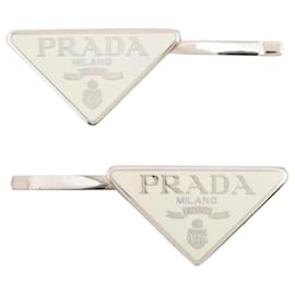 Fermaglio per capelli in metallo bianco con logo - Prada