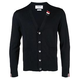 Thom Browne Gestreifter V-Ausschnitt Merinowoll-Cardigan in Marineblau