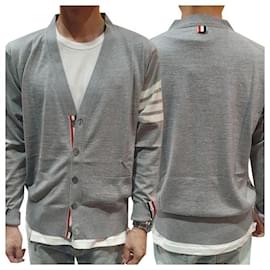 Merinowoll-Cardigan mit diagonalen Streifen in Hellgrau - Thom Browne
