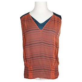 Ärmelloses Seidentop in Teal mit orangefarbenen Punkten von Dries Van Noten